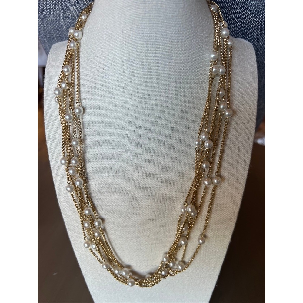 Multi-Strand Necklace 22" Gold Tone Faux Pearl 5-Row Vintage Celebrity NY MCM